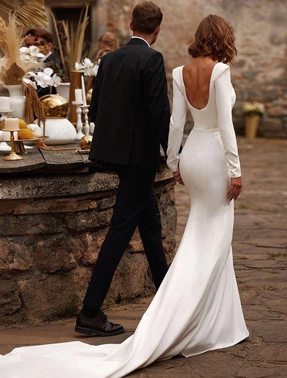 Reception Open Back Royal Style Casual Fall Wedding Dresses Mermaid / Trumpet Square Neck Long Sleeve Court Train Satin Bridal Gowns With Solid Color Summer Wedding Party