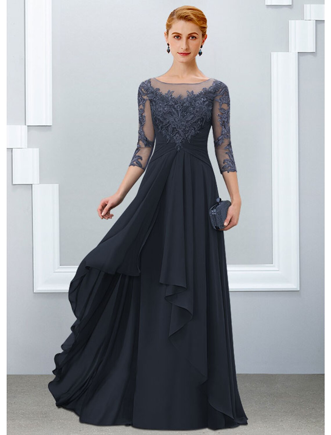 A-Line Mother of the Bride Dress Elegant Jewel Neck Floor Length Chiffon Lace Half Sleeve with Ruffles Appliques