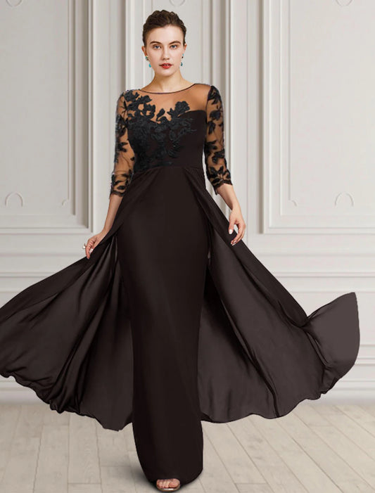 Sheath / Column Mother of the Bride Dress Fall Wedding Guest Dresses Elegant Jewel Neck Floor Length Chiffon Lace 3/4 Length Sleeve with Appliques