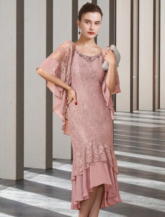 Sheath / Column Mother of the Bride Dress Elegant High Low Jewel Neck Asymmetrical Tea Length Chiffon Lace Half Sleeve Wrap Included with Beading Ruffles Appliques