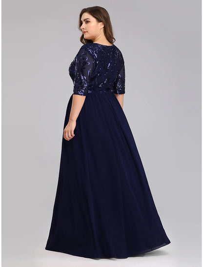 A-Line Prom Dresses Plus Size Dress Wedding Guest Prom Floor Length Half Sleeve Plunging Neck Chiffon