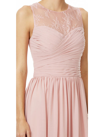 A-Line Bridesmaid Dress Jewel Neck Sleeveless See Through Floor Length Chiffon / Lace with Lace / Criss Cross / Pleats