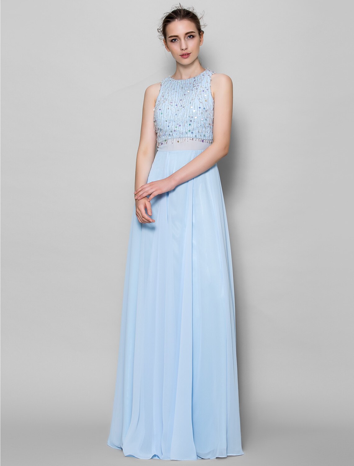 A-Line Bridesmaid Dress Jewel Neck Sleeveless Sparkle & Shine Floor Length Chiffon with Beading / Sequin