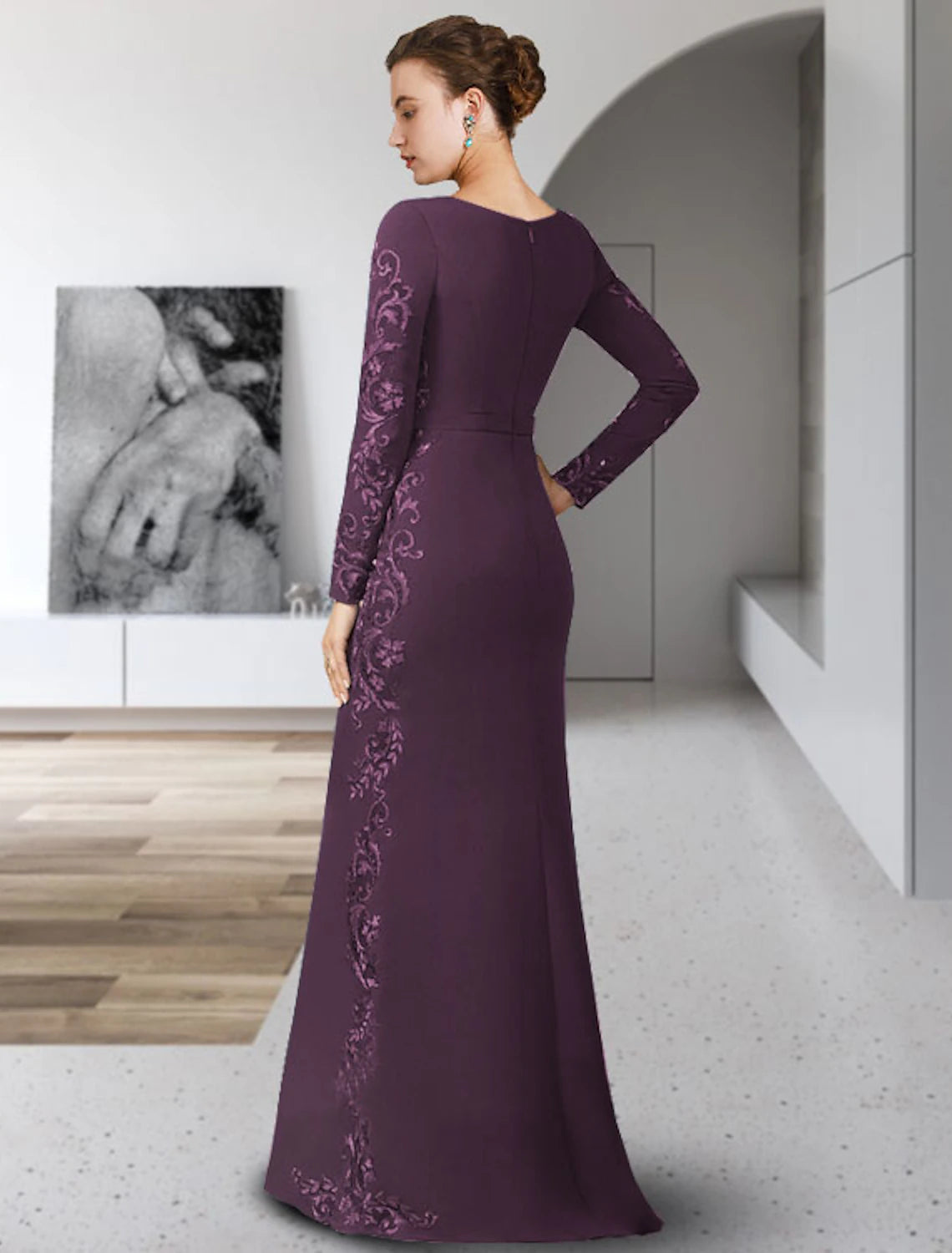 Sheath / Column Mother of the Bride Dress Formal Wedding Guest Party Elegant Scoop Neck Floor Length Chiffon Lace Long Sleeve with Sash / Ribbon Appliques