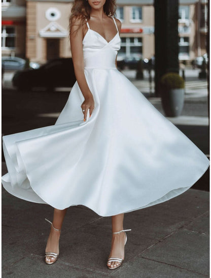 Reception Little White Dresses Wedding Dresses A-Line Sweetheart Camisole Spaghetti Strap Tea Length Satin Bridal Gowns With Solid Color