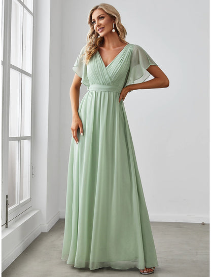 A-Line Bridesmaid Dress V Neck Short Sleeve Elegant Stretch Chiffon with Ruffles