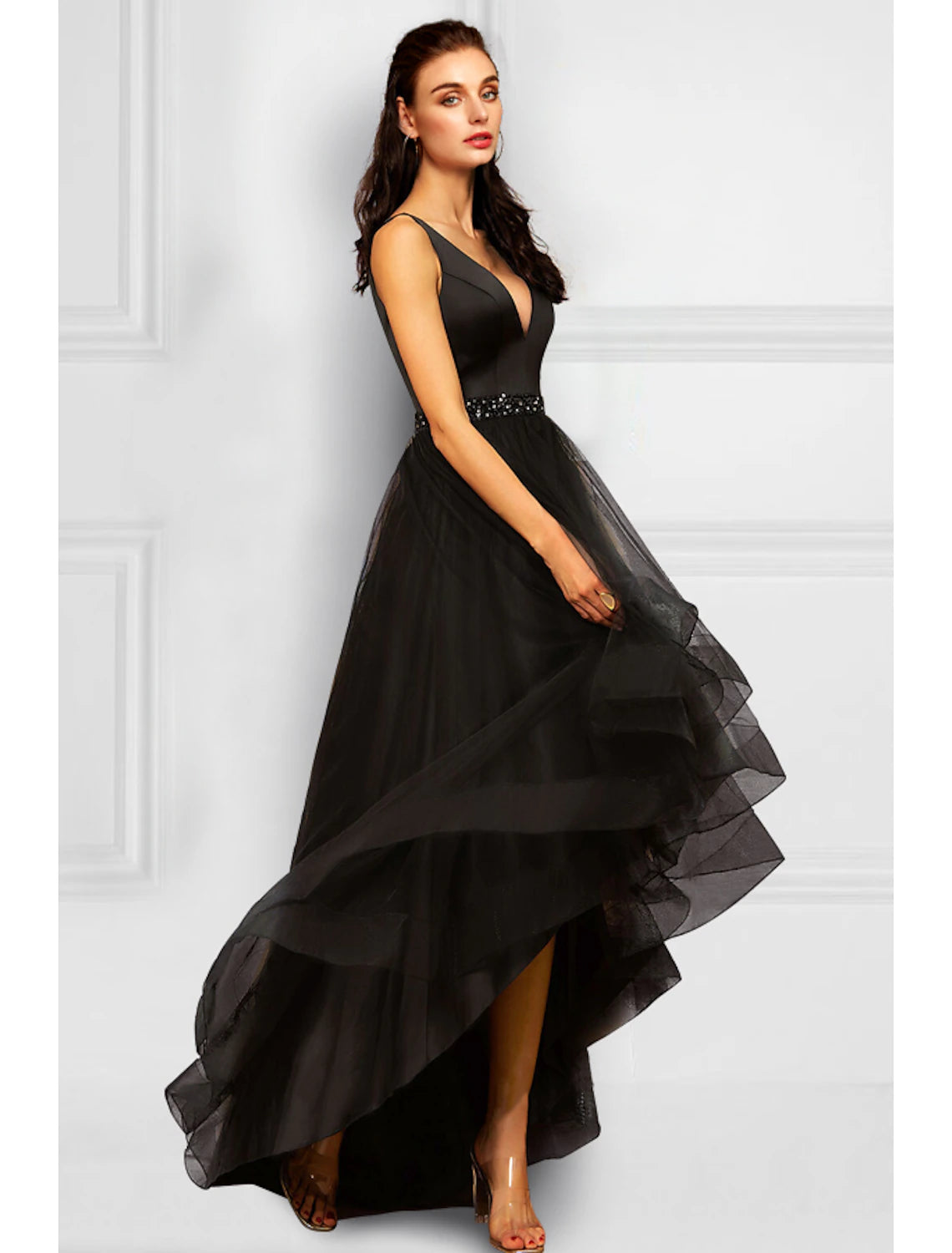 A-Line Cocktail Dresses Elegant Dress Party Wear Wedding Party Asymmetrical Sleeveless V Neck Organza with Rhinestone Ruffles