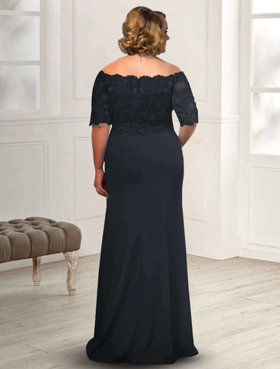 Sheath / Column Mother of the Bride Dress Plus Size Elegant Off Shoulder Floor Length Chiffon Lace Half Sleeve with Appliques