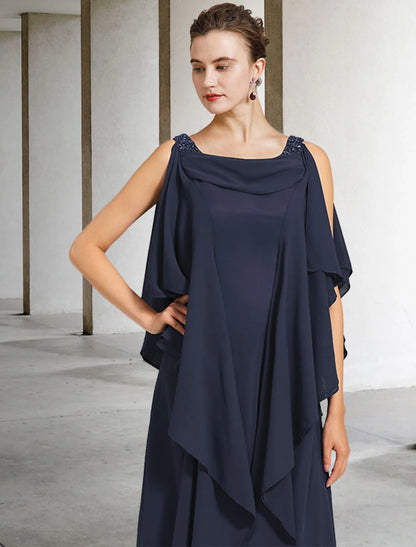 A-Line Mother of the Bride Dress Plus Size Elegant V Neck Floor Length Chiffon Short Sleeve with Beading Ruffles