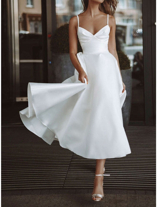 Reception Little White Dresses Wedding Dresses A-Line Sweetheart Camisole Spaghetti Strap Tea Length Satin Bridal Gowns With Solid Color