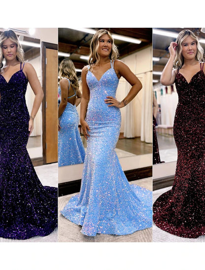 Mermaid / Trumpet Prom Dresses Sparkle & Shine Dress Formal Wedding Party Court Train Sleeveless V Neck Sequined Backless with Sequin