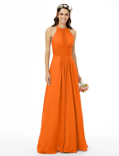 Sheath / Column Bridesmaid Dress Jewel Neck Sleeveless Beautiful Back Floor Length Chiffon with Lace / Sash / Ribbon / Pleats