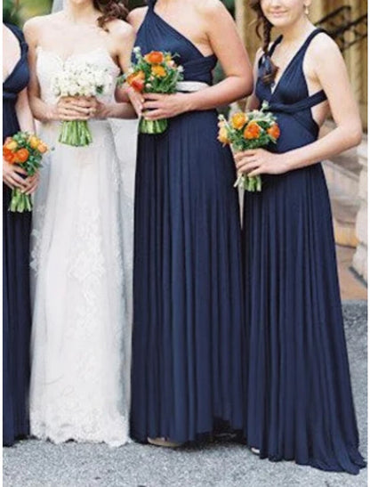 Sheath / Column Bridesmaid Dress V Neck Sleeveless Convertible Floor Length Spandex with Pleats / Solid Color