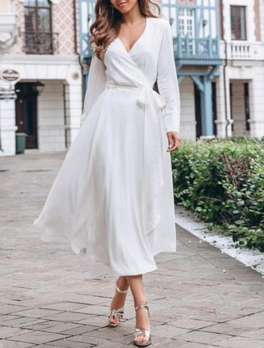 Bridal Shower Little White Dresses Wedding Dresses A-Line V Neck Long Sleeve Tea Length Chiffon Bridal Gowns With Bow(s)