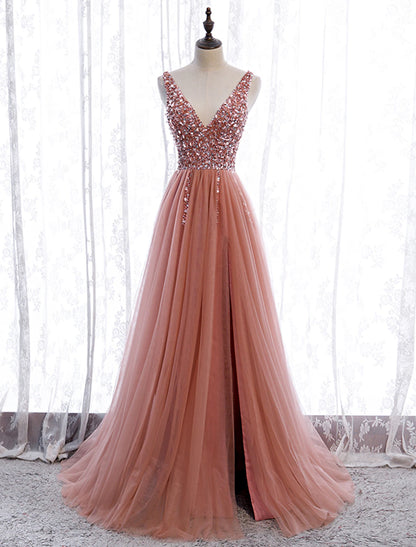 A-Line Prom Dresses Elegant Dress Party Wear Wedding Party Court Train Sleeveless V Neck Polyester with Pearls Embroidery