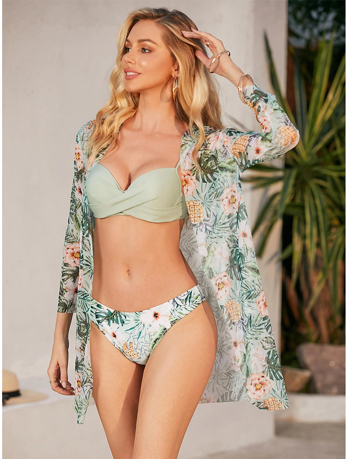 Women's Normal Swimwear Bikini Three Piece Swimsuit 2 Piece Open Back Sexy Printing Leaves V Wire Vacation Fashion Bathing Suits