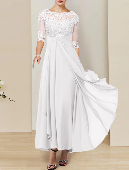 Hall Little White Dresses Mature Wedding Dresses A-Line Illusion Neck Half Sleeve Ankle Length Chiffon Bridal Gowns With Appliques Solid Color