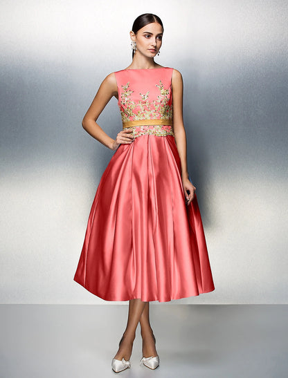 A-Line Cocktail Dresses Party Dress Wedding Guest Prom Tea Length Sleeveless Jewel Neck Satin V Back with Pleats Appliques