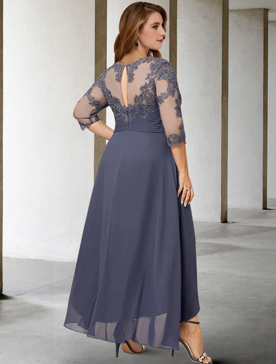 A-Line Mother of the Bride Dresses Plus Size Hide Belly Curve Elegant Fall Wedding Guest Dress Formal Asymmetrical 3/4 Length Sleeve Jewel Neck Chiffon with Pleats Ruched Appliques