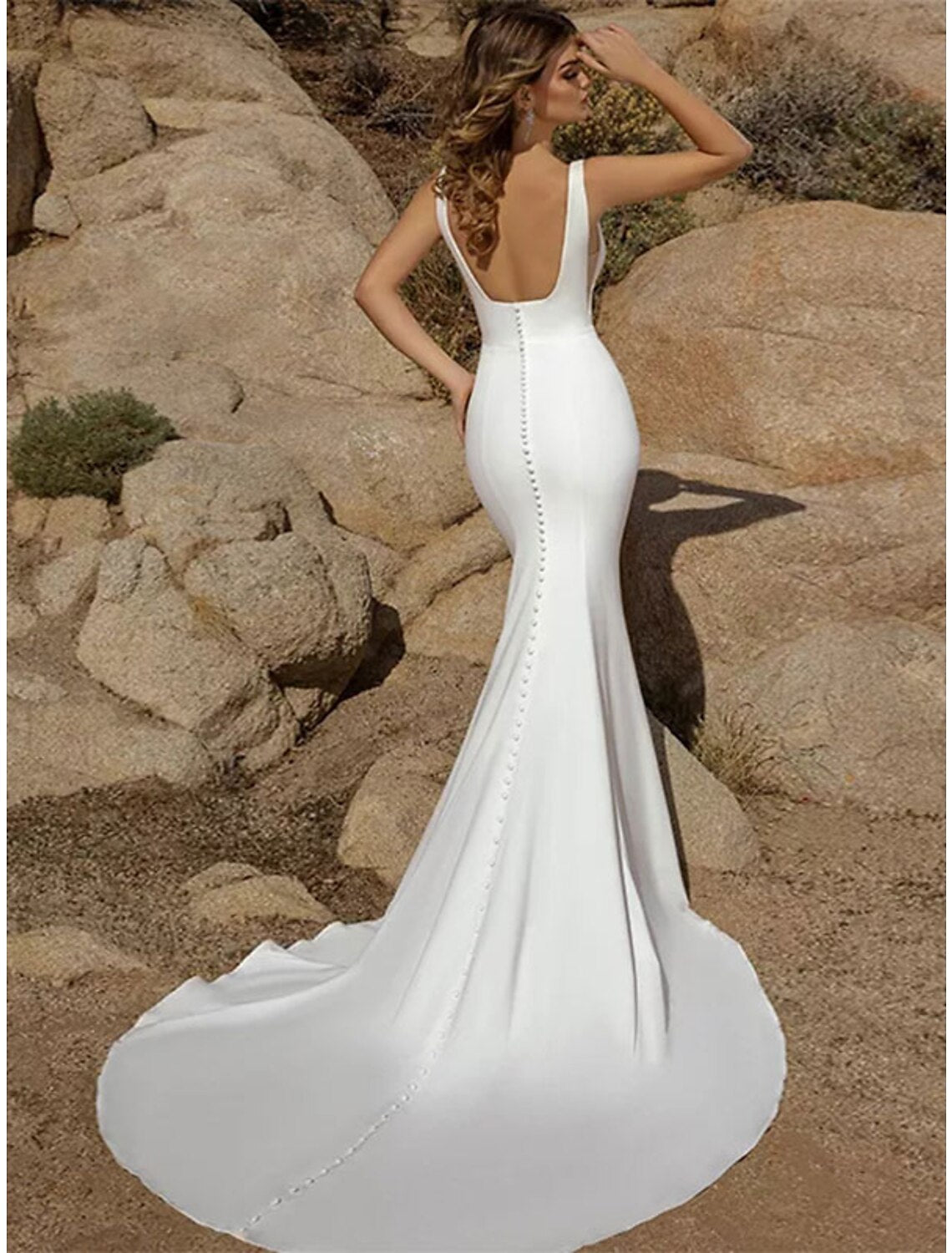 Beach Open Back Casual Wedding Dresses Mermaid / Trumpet Square Neck Sleeveless Court Train Stretch Fabric Bridal Gowns With Buttons