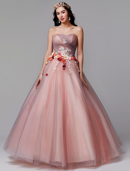 Ball Gown Floral Formal Evening Dress Strapless Sleeveless Floor Length Tulle with Pleats Flower