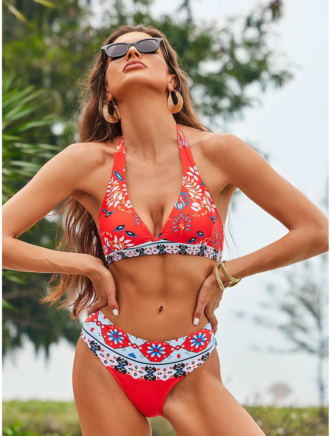 Women's Bikinis Swimsuit Halter Sexy Floral V Neck Summer Vacation Beach Wear Bathing Suits