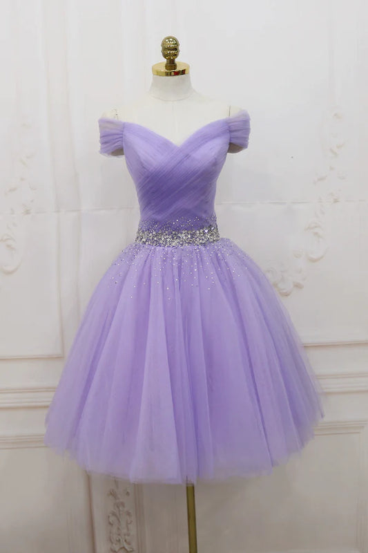 Purple Tulle Beaded Short Prom Dress Off Shoulder Party Dress