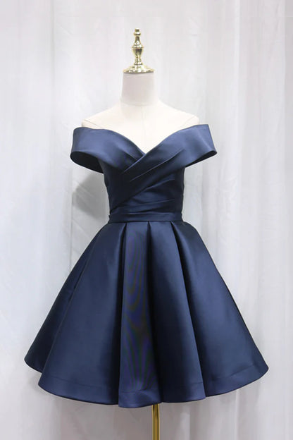 Simple Satin Short Prom Dress Off Shoulder Blue Party Dress