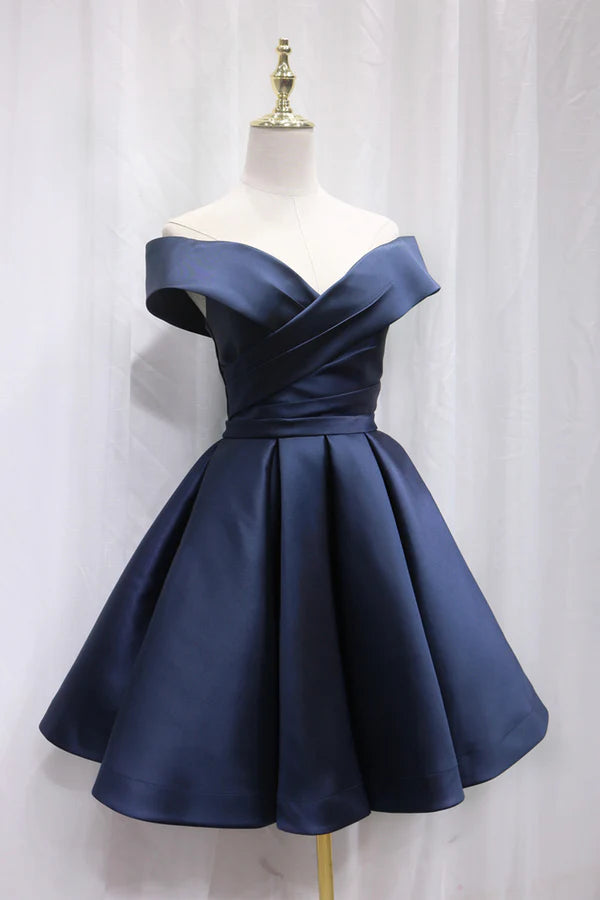 Simple Satin Short Prom Dress Off Shoulder Blue Party Dress