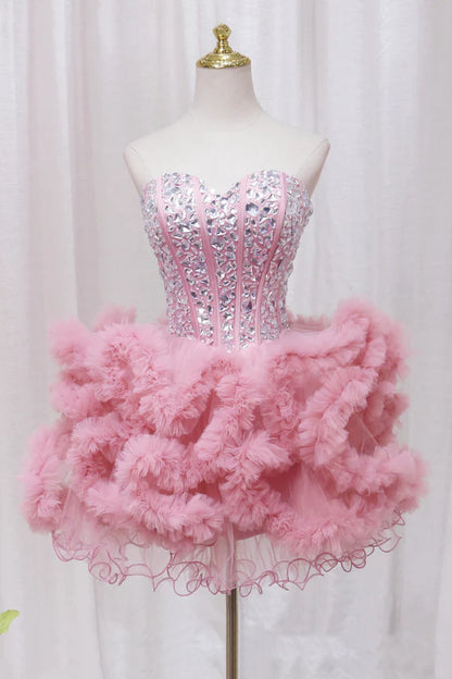 Pink Tulle Short Homecoming Dress with Rhinestones Cute Party Dress