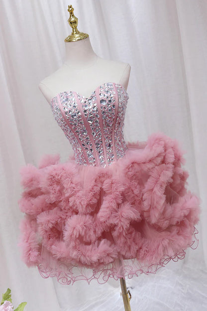 Pink Tulle Short Homecoming Dress with Rhinestones Cute Party Dress