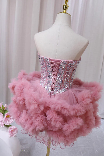 Pink Tulle Short Homecoming Dress with Rhinestones Cute Party Dress