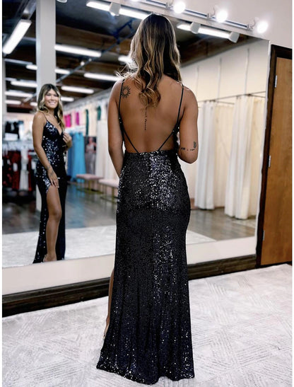 Mermaid / Trumpet Prom Dresses Sparkle & Shine Dress Formal Wedding Party Floor Length Sleeveless V Neck Sequined Backless with Sequin