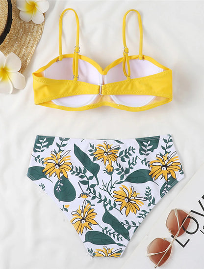 Women's Normal Swimwear Bikini 2 Piece Swimsuit 2 Piece Open Back Sexy Printing High Waisted Floral Leaves Strap Vacation Fashion Bathing Suits