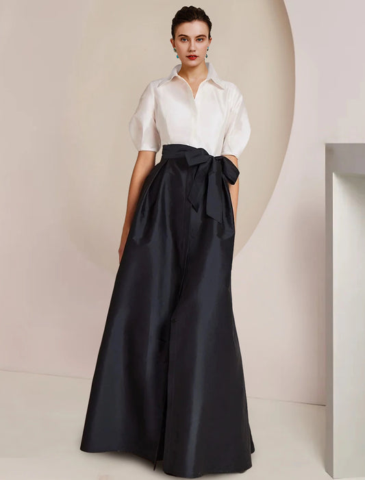 A-Line Mother of the Bride Dress Formal Wedding Guest Party Elegant Shirt Collar Floor Length Taffeta Short Sleeve with Bow(s)