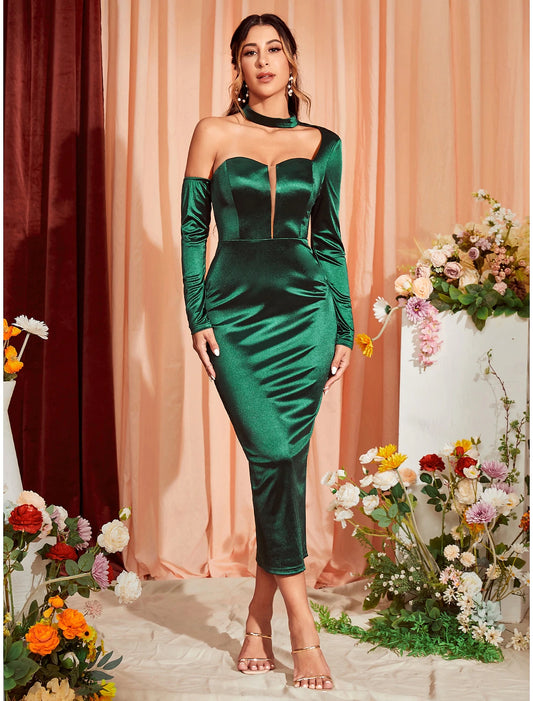 Mermaid / Trumpet Party Dresses Sexy Dress Wedding Party Semi Formal Tea Length Long Sleeve One Shoulder Stretch Satin with Ruched Slit