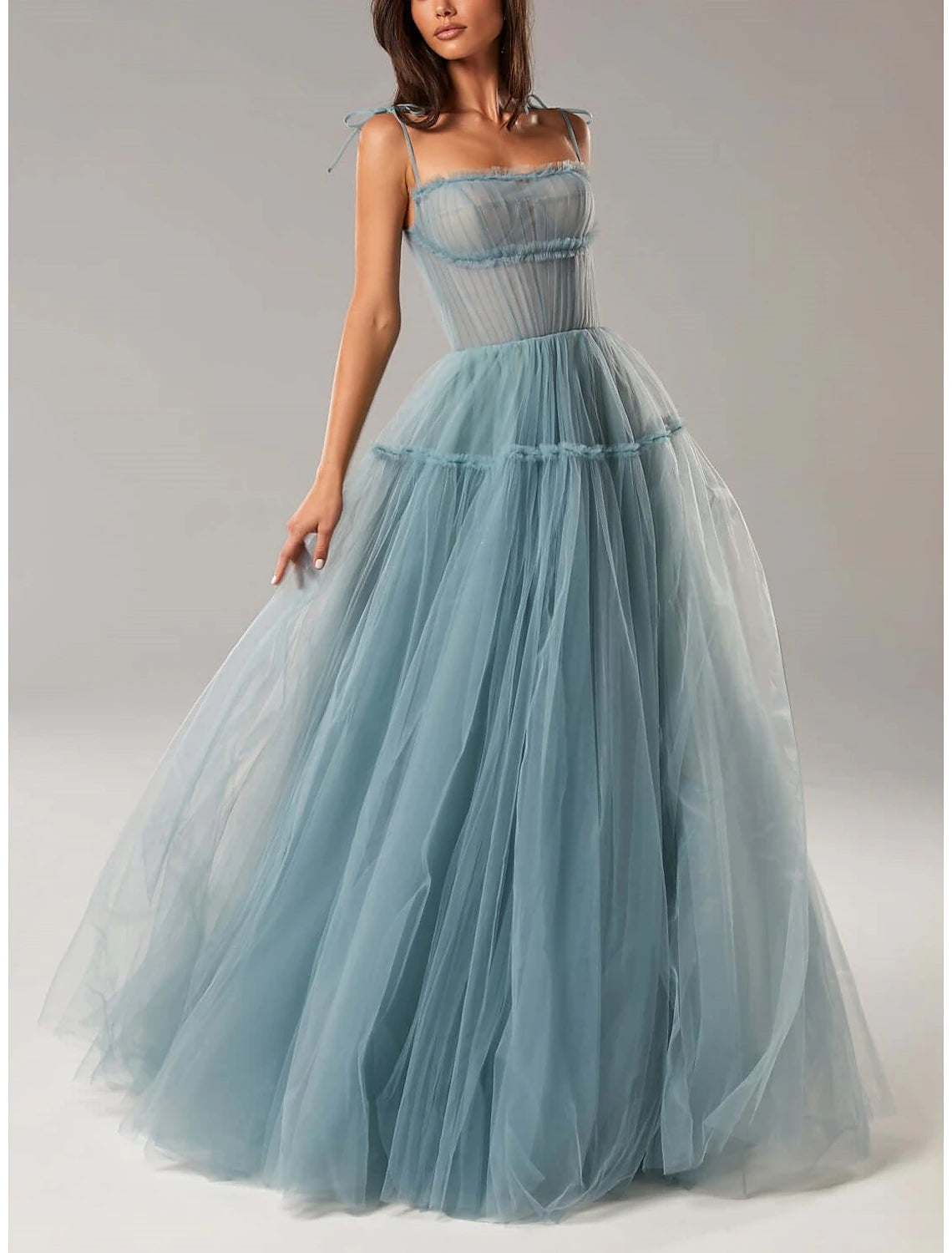 A-Line Prom Party Dress Elegant Dress Wedding Guest Prom Floor Length Sleeveless Spaghetti Strap Tulle with Pleats Ruffles