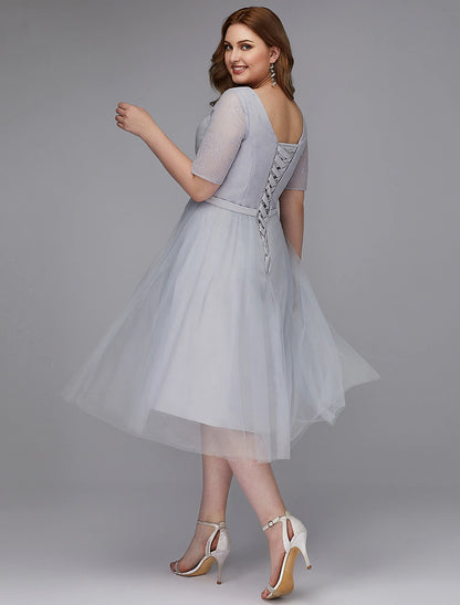 A-Line Elegant Dress Wedding Guest Cocktail Party Tea Length Short Sleeve V Neck Lace Lace-up with Sash / Ribbon