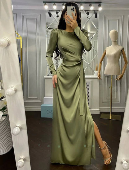 Sheath / Column Evening Gown Elegant Dress Wedding Guest Fall Floor Length Long Sleeve High Neck Bridesmaid Dress Satin with Ruched