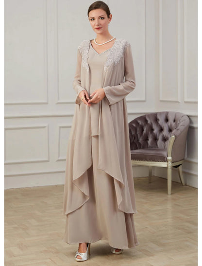 A-Line Mother of the Bride Dress Wedding Guest Elegant Jewel Neck Floor Length Chiffon Long Sleeve Jacket Dresses with Appliques