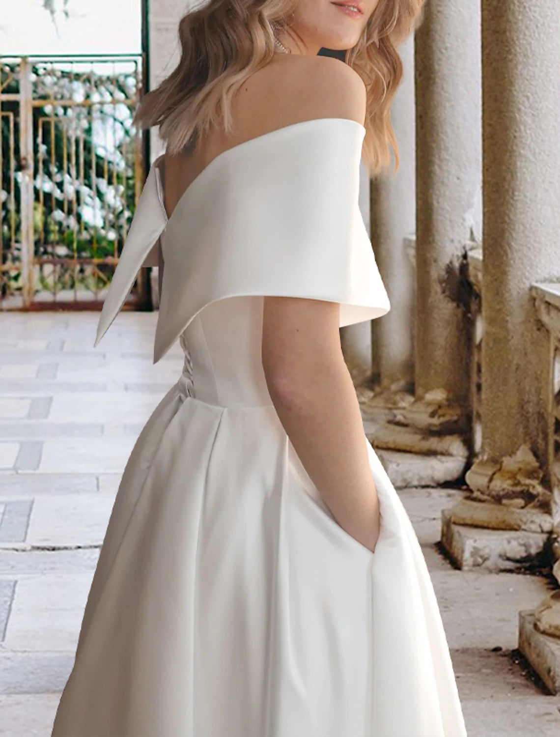 Reception Little White Dresses Wedding Dresses A-Line Off Shoulder Cap Sleeve Tea Length Satin Bridal Gowns With Pleats Ruched