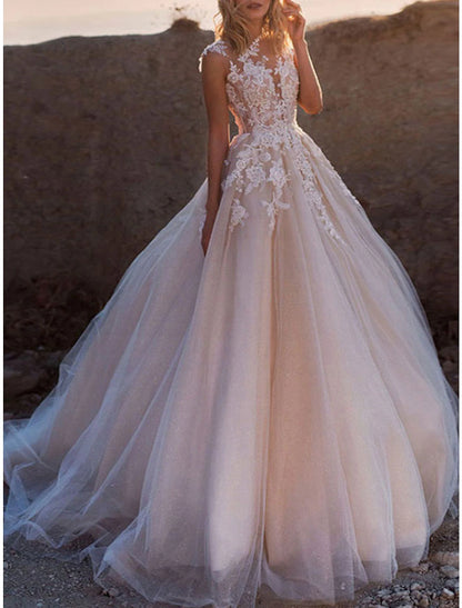 Formal Wedding Dresses Ball Gown Illusion Neck Cap Sleeve Court Train Lace Bridal Gowns With Buttons Appliques