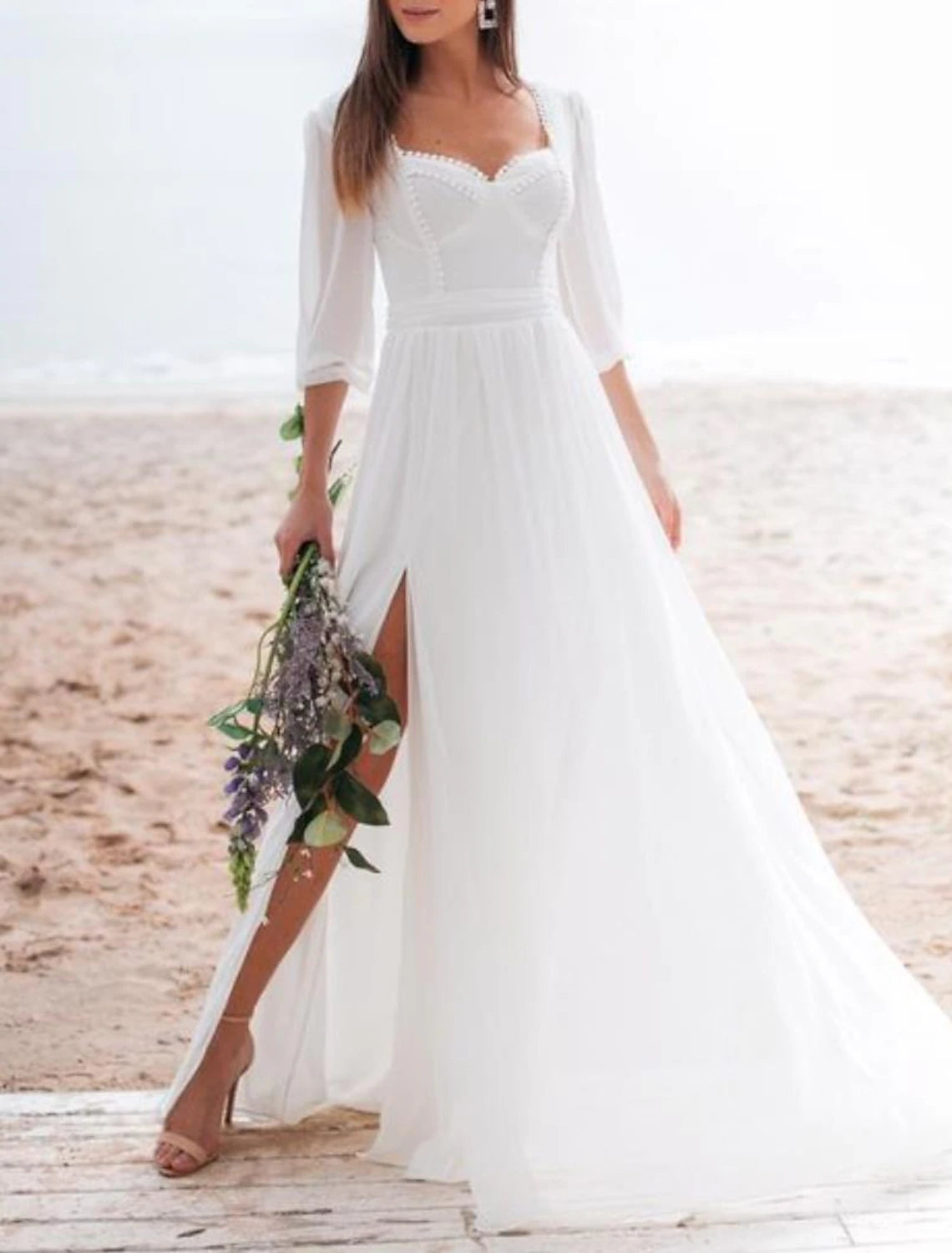 Beach Little White Dresses Wedding Dresses A-Line Square Neck Long Sleeve Floor Length Chiffon Bridal Gowns With Ruched Split Front