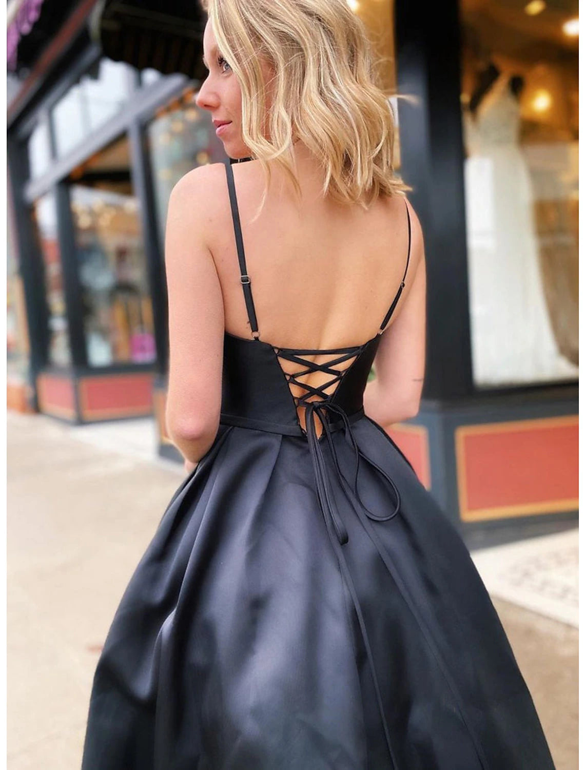 A-Line Prom Dresses Open Back Dress Formal Wedding Guest Floor Length Sleeveless V Neck Pocket Stretch Satin Backless with Pleats Beading Pocket