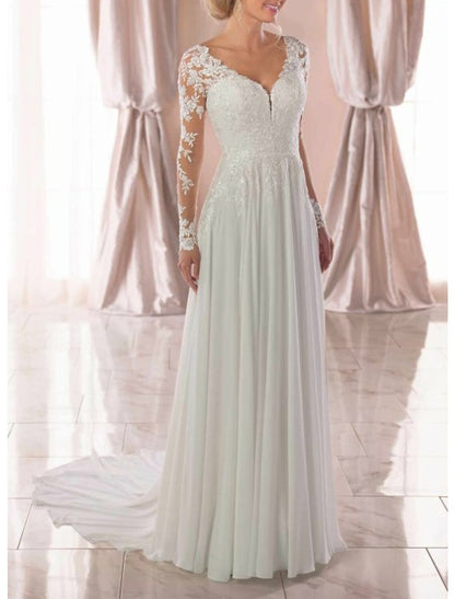 Beach Wedding Dresses A-Line V Neck Long Sleeve Court Train Chiffon Bridal Gowns With Lace Insert