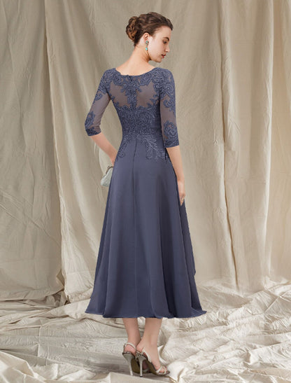 A-Line Mother of the Bride Dress Elegant Jewel Neck Tea Length Chiffon Lace 3/4 Length Sleeve with Pleats Appliques