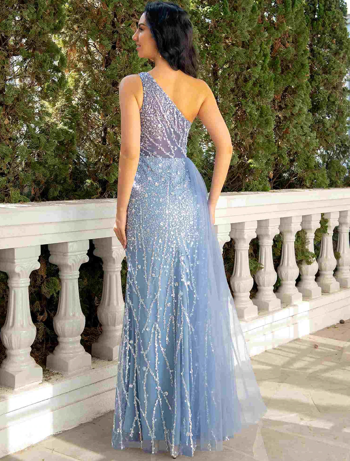 Mermaid / Trumpet Evening Gown Cut Out Dress Wedding Party Floor Length Sleeveless One Shoulder Tulle with Sequin