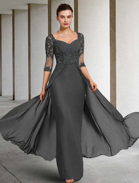 Sheath / Column Mother of the Bride Dress Formal Wedding Guest Elegant Party Square Neck Floor Length Chiffon Lace 3/4 Length Sleeve with Sequin Appliques Ruching