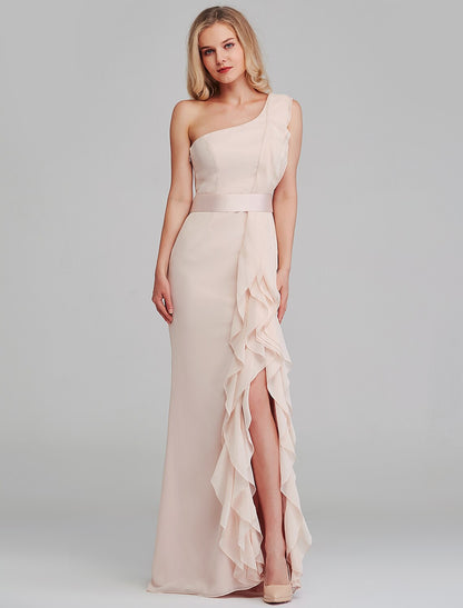 Sheath / Column Bridesmaid Dress One Shoulder Sleeveless Elegant Long Length Chiffon with Cascading Ruffles