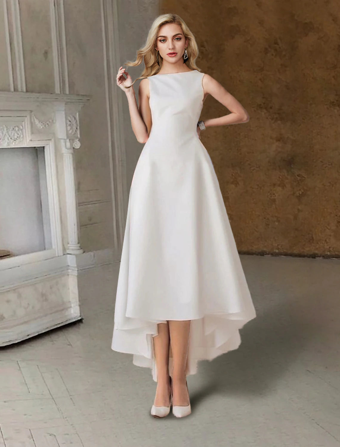 Hall Little White Dresses Wedding Dresses A-Line Scoop Neck Sleeveless Tea Length Satin Bridal Gowns With Pleats